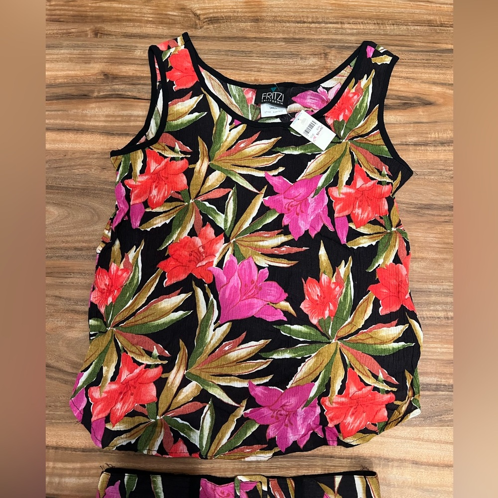 NWT Vintage Fritzi California Floral/Black Blouse (Size S)/Pants (Size M) Set - Picture 8 of 13